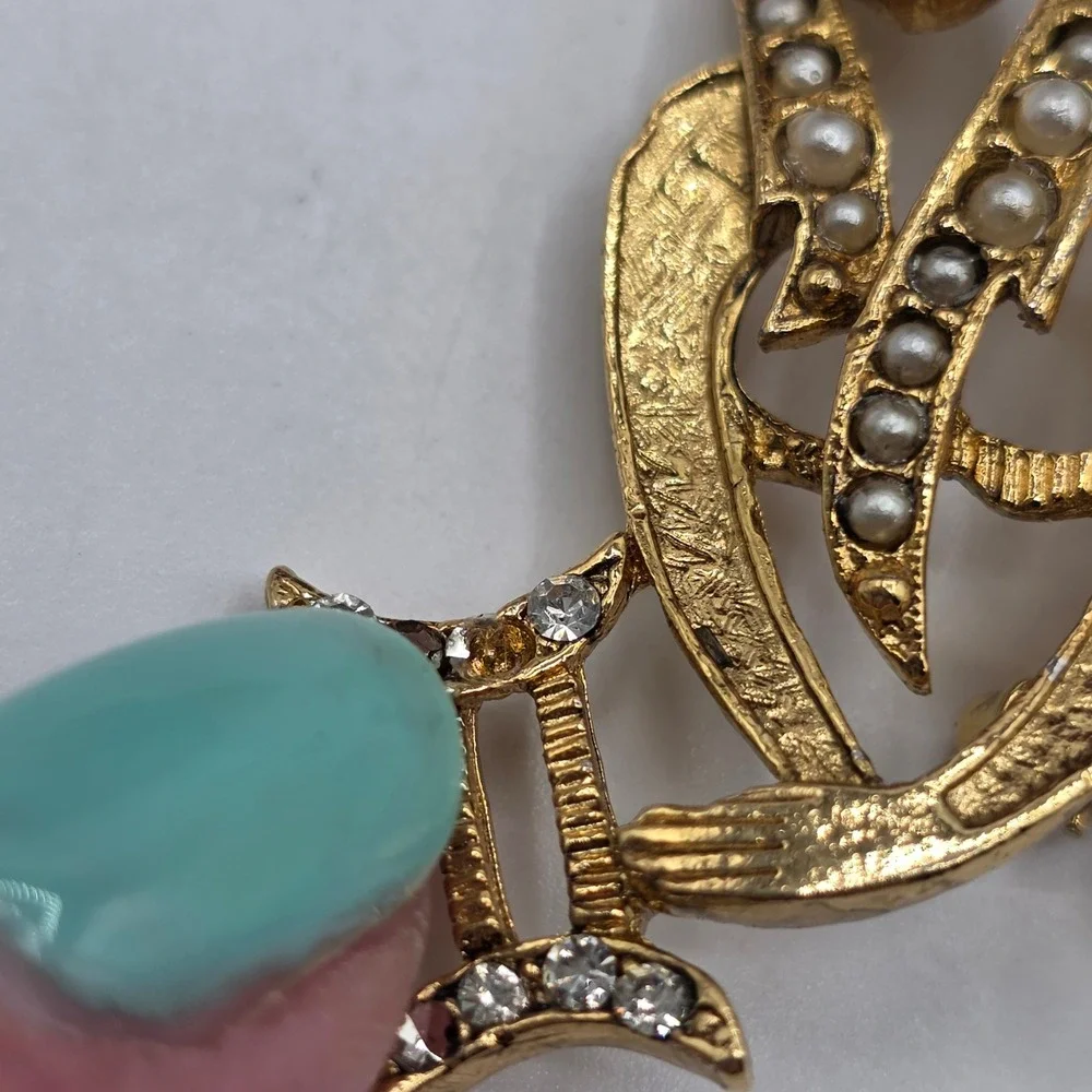 Vintage Gemini Zodiac Brooch Gold Tone Faux Pearl Rhinestone Twin Goddess Pin